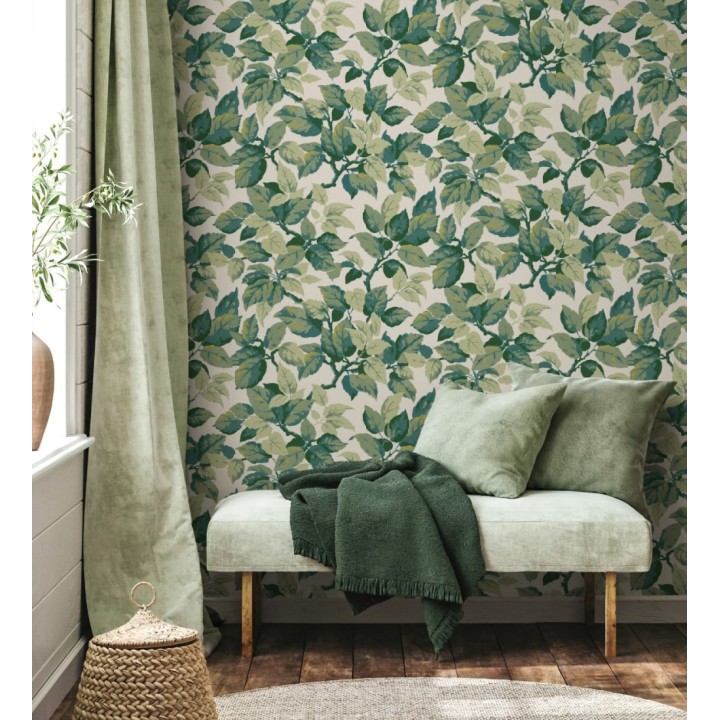 Papel pintado de hojas frondosas en estilo botánico tonos verdes - Savoy Leaves 683411