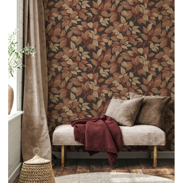 Papel pintado de hojas frondosas en estilo botánico tonos tierra - Savoy Leaves 683412