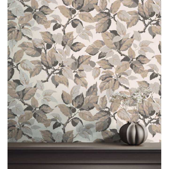 Papel pintado de hojas frondosas en estilo botánico tonos grises y beige - Savoy Leaves 683413