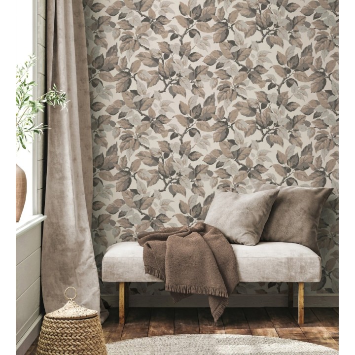 Papel pintado de hojas frondosas en estilo botánico tonos grises y beige - Savoy Leaves 683413