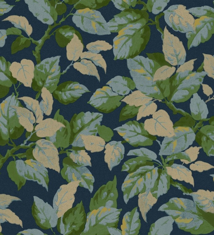 Papel pintado de hojas frondosas en estilo botánico tonos azules y verdes - Savoy Leaves 683414