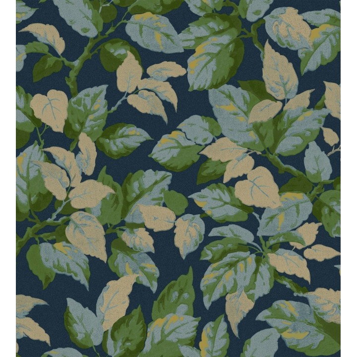 Papel pintado de hojas frondosas en estilo botánico tonos azules y verdes - Savoy Leaves 683414