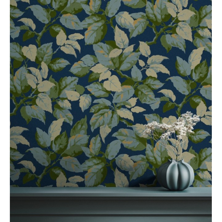 Papel pintado de hojas frondosas en estilo botánico tonos azules y verdes - Savoy Leaves 683414