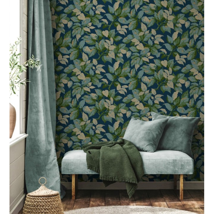 Papel pintado de hojas frondosas en estilo botánico tonos azules y verdes - Savoy Leaves 683414