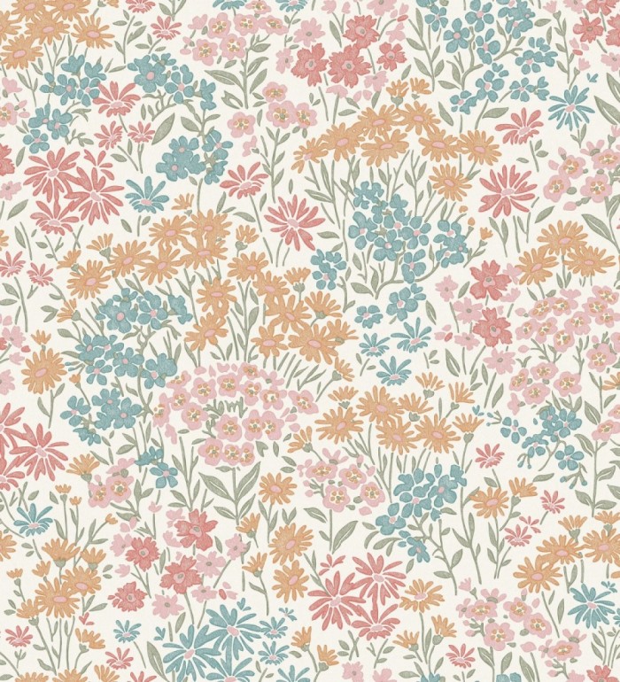 Papel pintado de flores silvestres celeste turquesa coral sobre fondo beige con textura - Spring Melody 683418