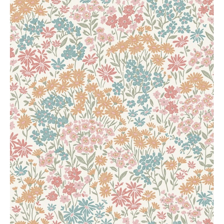 Papel pintado de flores silvestres celeste turquesa coral sobre fondo beige con textura - Spring Melody 683418