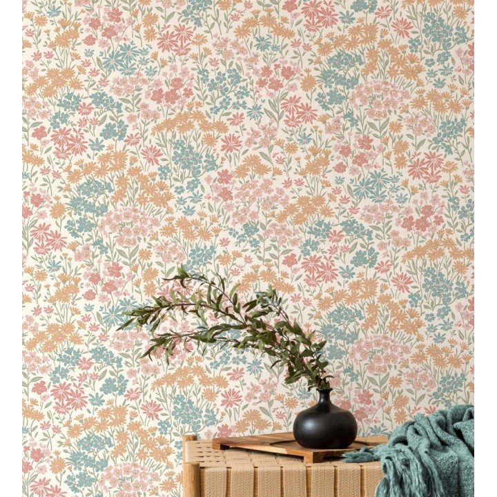 Papel pintado de flores silvestres celeste turquesa coral sobre fondo beige con textura - Spring Melody 683418