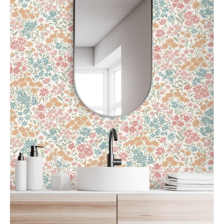 Papel pintado de flores silvestres celeste turquesa coral sobre fondo beige con textura - Spring Melody 683418