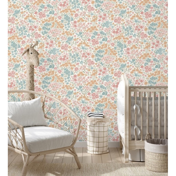 Papel pintado de flores silvestres celeste turquesa coral sobre fondo beige con textura - Spring Melody 683418