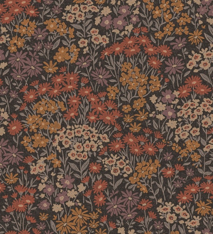 Papel pintado de flores silvestres rojo malva ocre beige sobre fondo oscuro con textura - Spring Melody 683419
