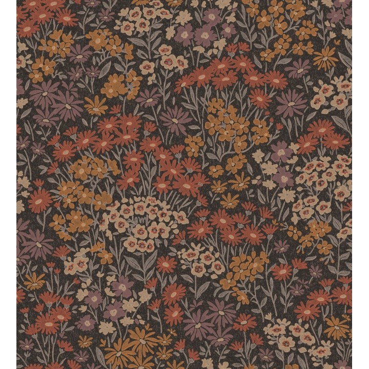 Papel pintado de flores silvestres rojo malva ocre beige sobre fondo oscuro con textura - Spring Melody 683419