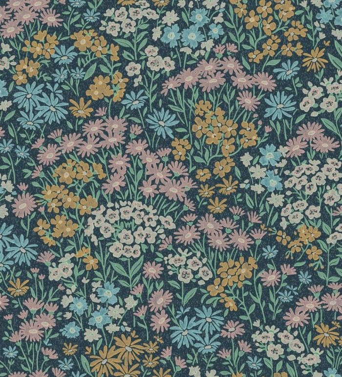Papel pintado de flores celeste ocre malva sobre fondo azul oscuro con textura - Spring Melody 683420