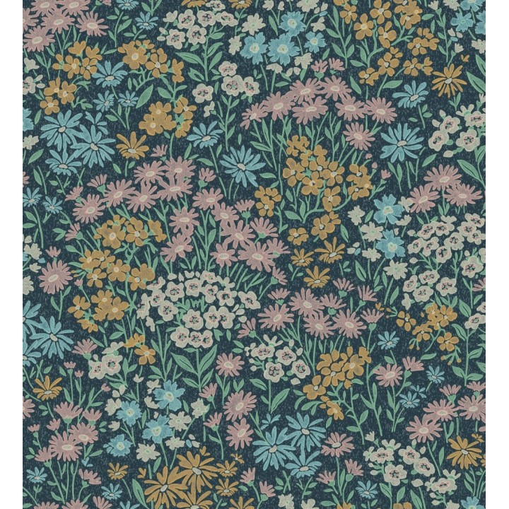Papel pintado de flores celeste ocre malva sobre fondo azul oscuro con textura - Spring Melody 683420