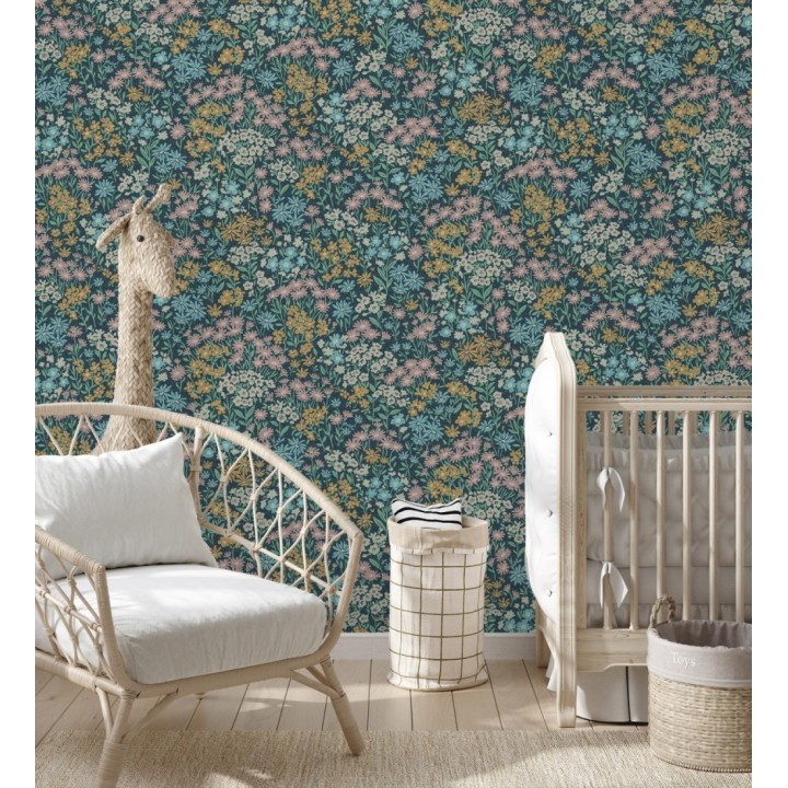 Papel pintado de flores celeste ocre malva sobre fondo azul oscuro con textura - Spring Melody 683420
