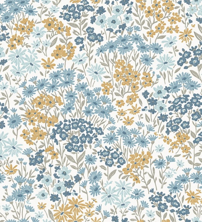 Papel pintado de flores celeste azul ocre sobre fondo blanco con textura - Spring Melody 683421