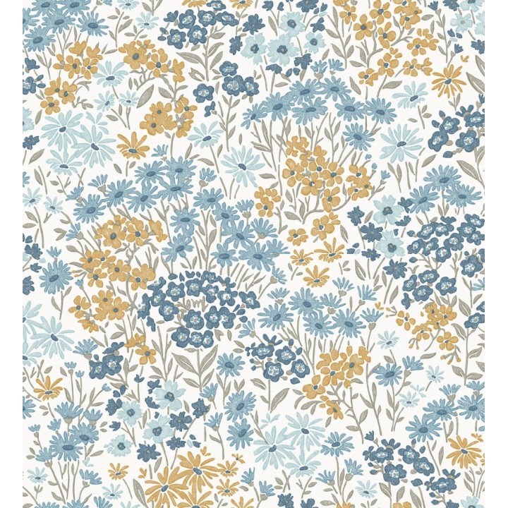 Papel pintado de flores celeste azul ocre sobre fondo blanco con textura - Spring Melody 683421