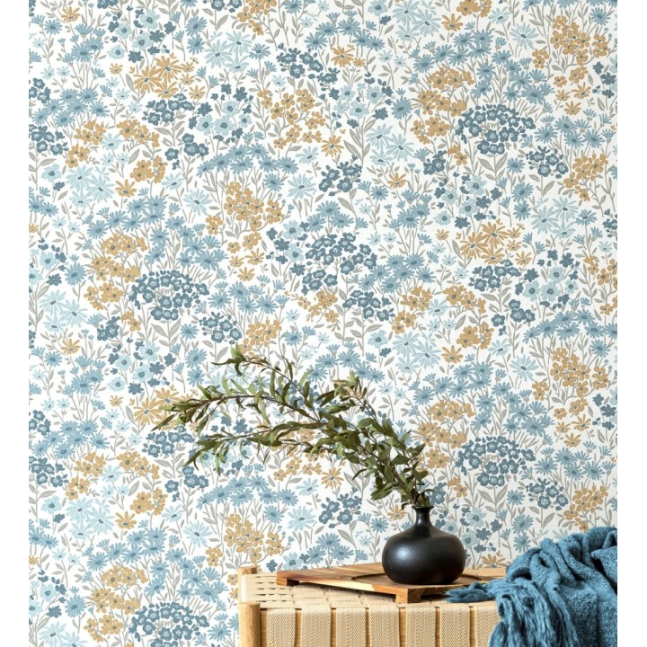 Papel pintado de flores celeste azul ocre sobre fondo blanco con textura - Spring Melody 683421