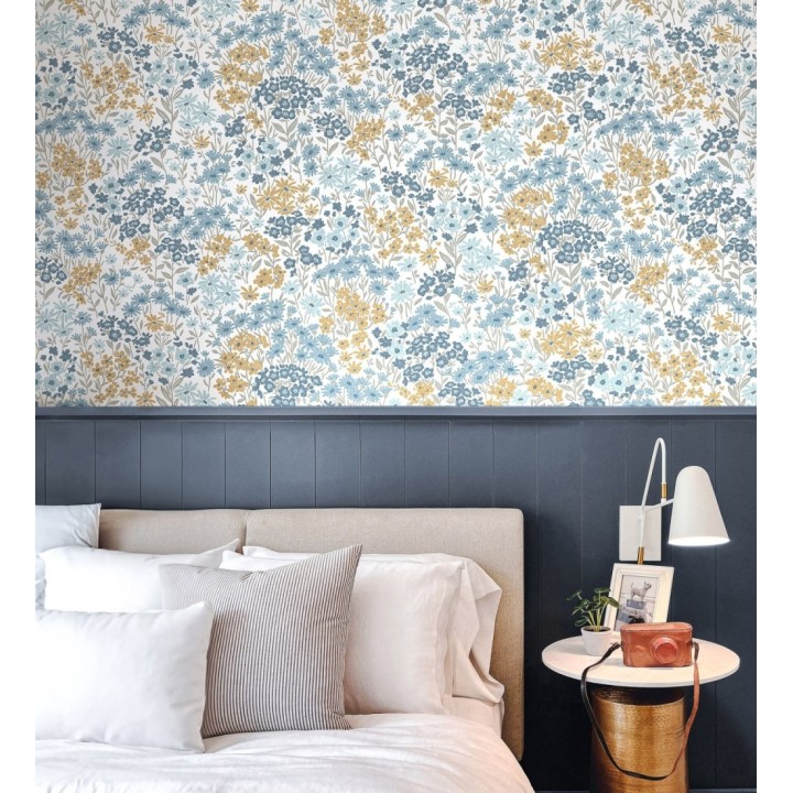 Papel pintado de flores celeste azul ocre sobre fondo blanco con textura - Spring Melody 683421