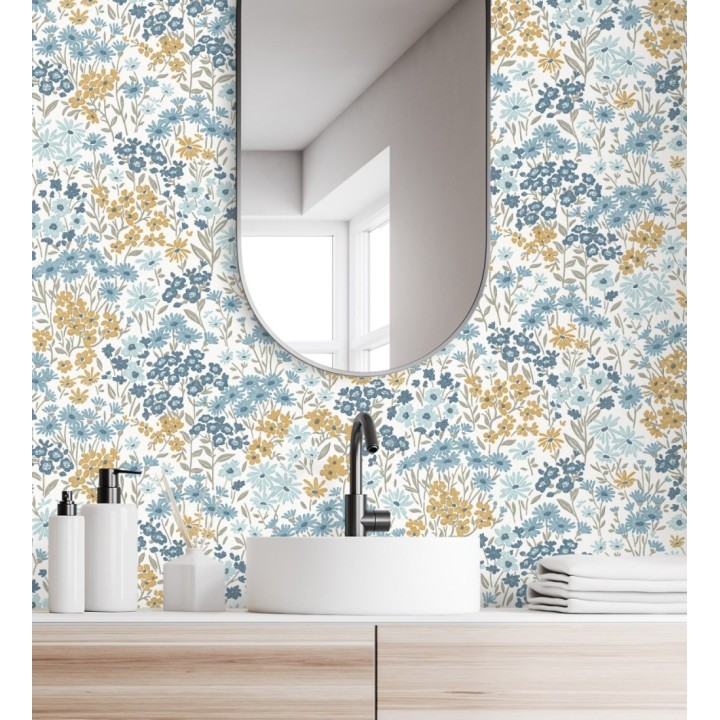Papel pintado de flores celeste azul ocre sobre fondo blanco con textura - Spring Melody 683421