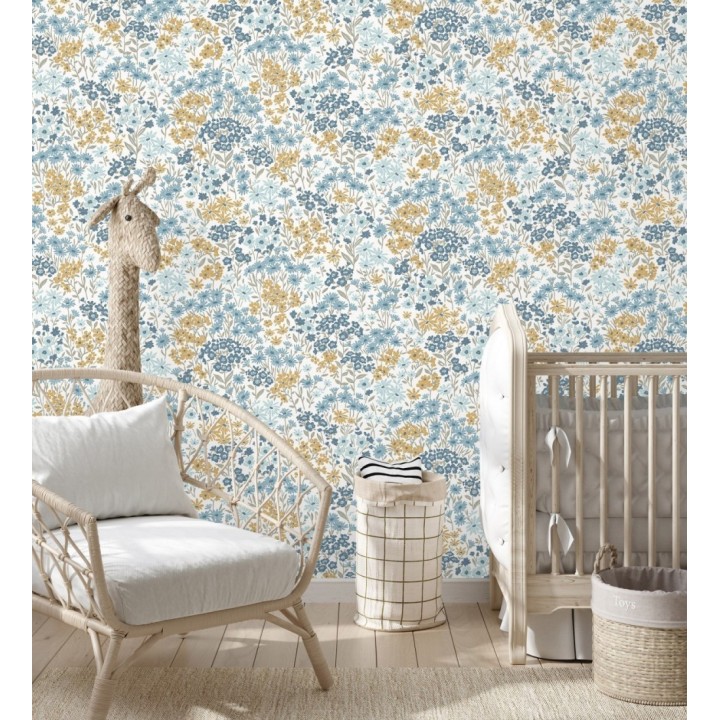 Papel pintado de flores celeste azul ocre sobre fondo blanco con textura - Spring Melody 683421