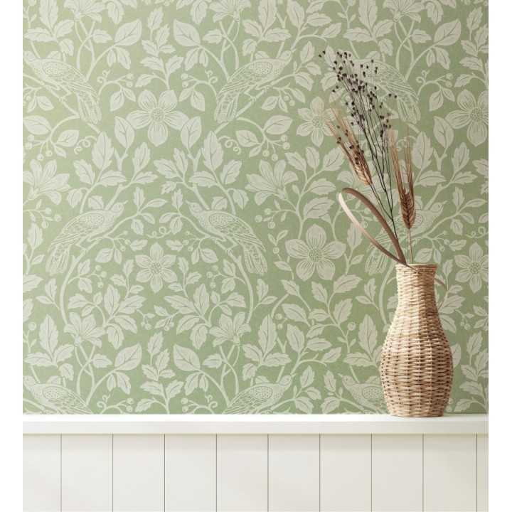 Papel pintado de aves exóticas entre follaje delicado tonos verdes - Hampton Birds 683423