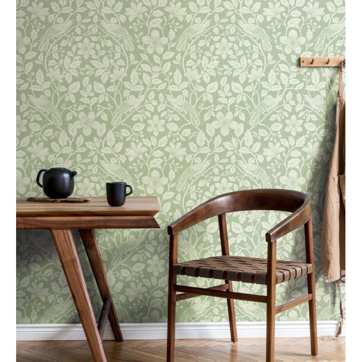 Papel pintado de aves exóticas entre follaje delicado tonos verdes - Hampton Birds 683423