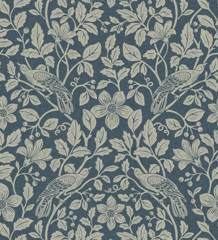 Papel pintado de aves exóticas entre follaje delicado tonos azules y beige - Hampton Birds 683425