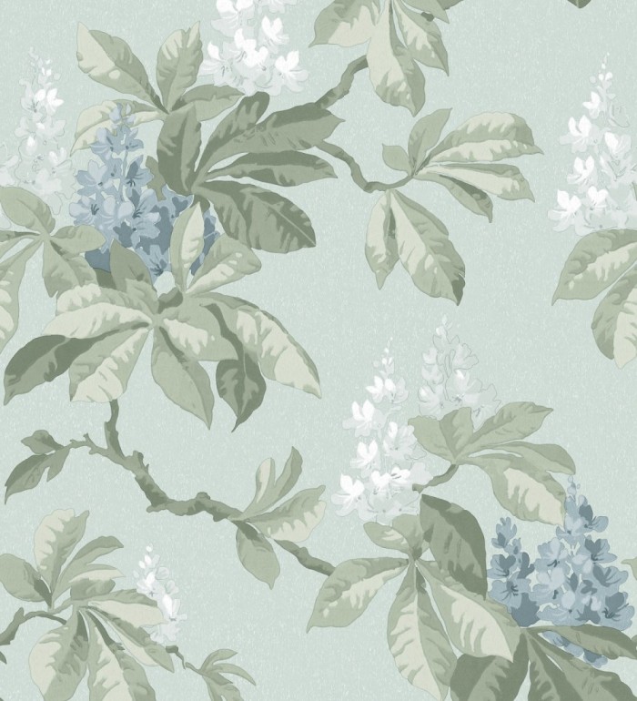 Papel pintado de ramas con hojas verdes y flores azules elegantes fondo agua marina - Blooming Serenade 683426