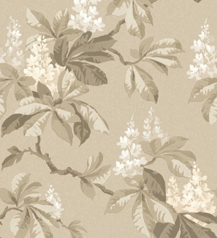 Papel pintado de ramas con hojas marrones y flores blancas elegantes fondo tostado - Blooming Serenade 683427