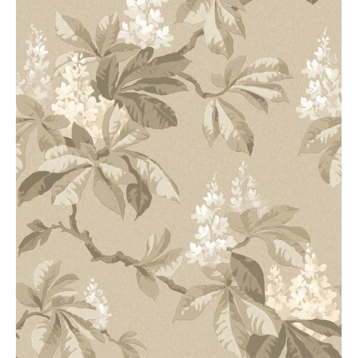Papel pintado de ramas con hojas marrones y flores blancas elegantes fondo tostado - Blooming Serenade 683427