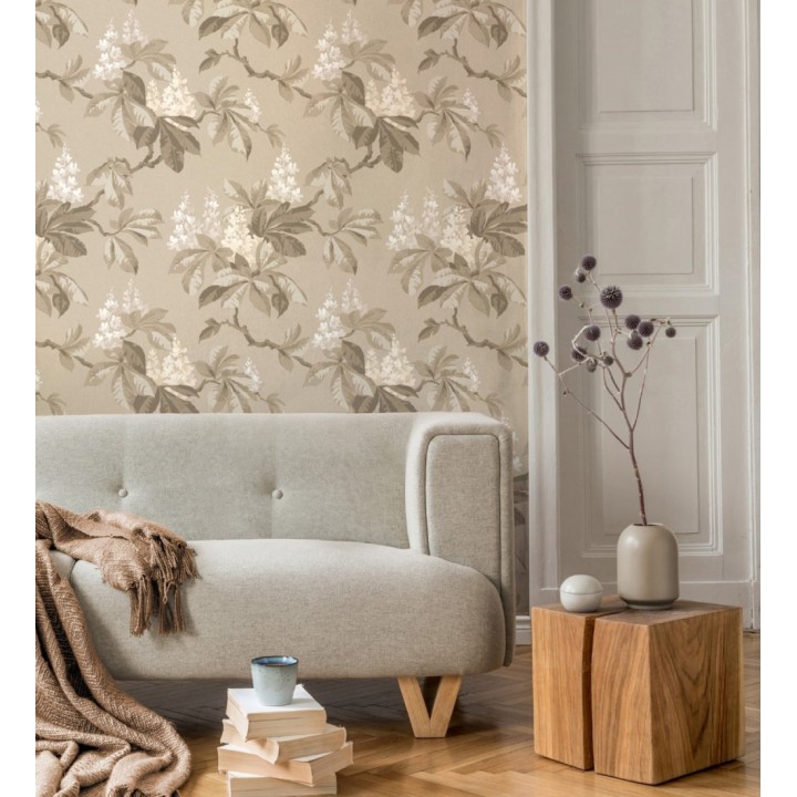 Papel pintado de ramas con hojas marrones y flores blancas elegantes fondo tostado - Blooming Serenade 683427