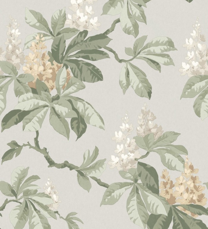 Papel pintado de ramas con hojas verdes y flores amarillas elegantes fondo gris claro - Blooming Serenade 683428