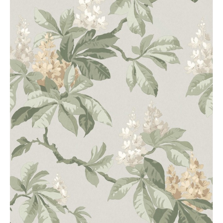 Papel pintado de ramas con hojas verdes y flores amarillas elegantes fondo gris claro - Blooming Serenade 683428