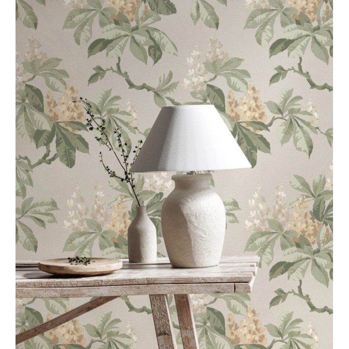 Papel pintado de ramas con hojas verdes y flores amarillas elegantes fondo gris claro - Blooming Serenade 683428