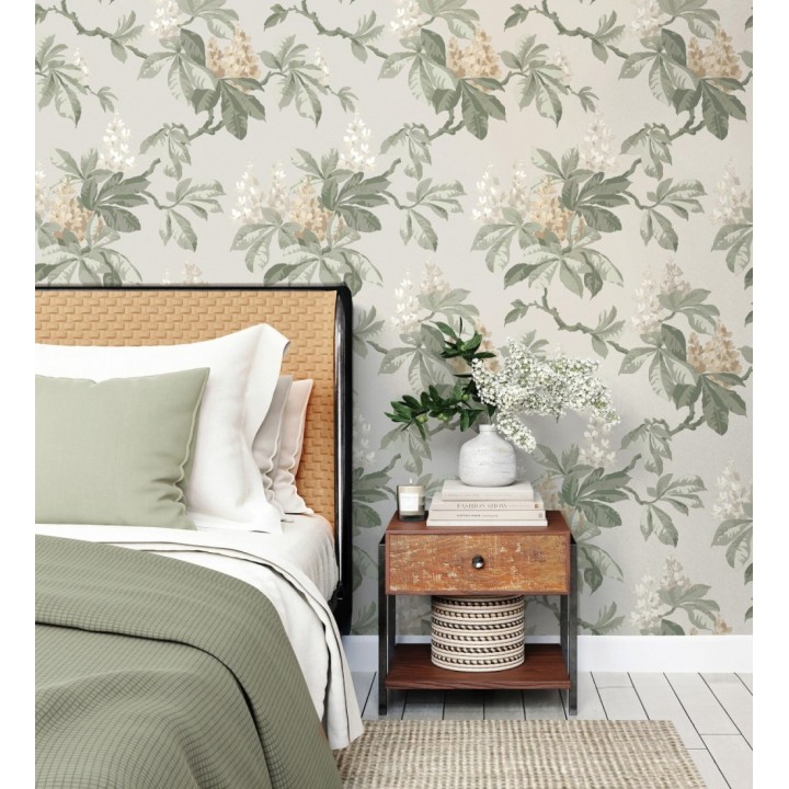 Papel pintado de ramas con hojas verdes y flores amarillas elegantes fondo gris claro - Blooming Serenade 683428