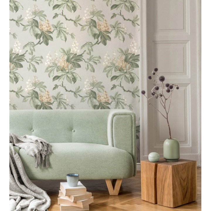 Papel pintado de ramas con hojas verdes y flores amarillas elegantes fondo gris claro - Blooming Serenade 683428
