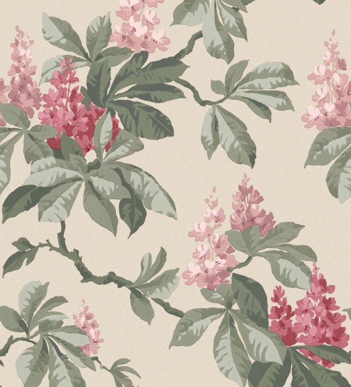 Papel pintado de ramas con hojas verdes y flores rojas elegantes fondo beige claro - Blooming Serenade 683429