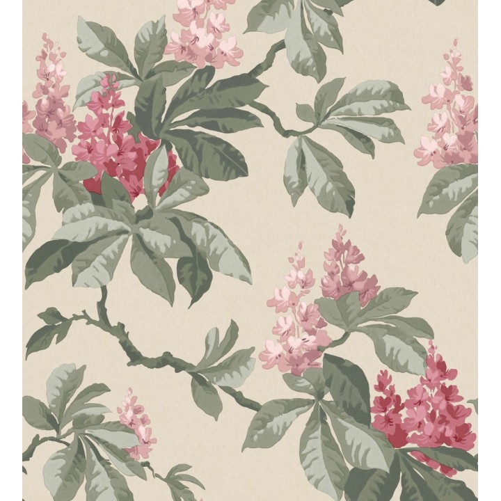 Papel pintado de ramas con hojas verdes y flores rojas elegantes fondo beige claro - Blooming Serenade 683429