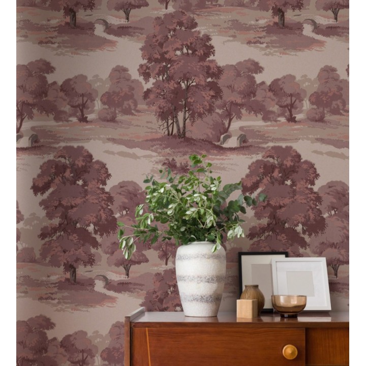 Papel pintado de paisaje campestre con árboles en tonos rojos y malvas - Haldon Forest 683435