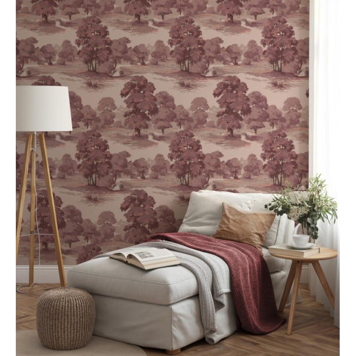 Papel pintado de paisaje campestre con árboles en tonos rojos y malvas - Haldon Forest 683435