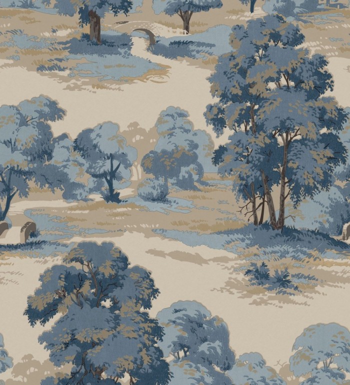 Papel pintado de paisaje campestre con árboles en tonos azules y beige tostado - Haldon Forest 683437