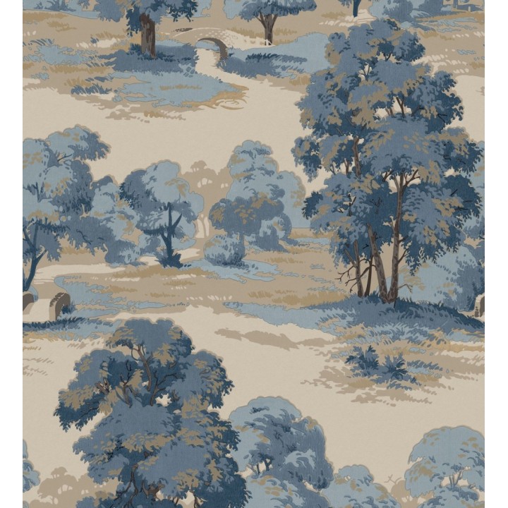 Papel pintado de paisaje campestre con árboles en tonos azules y beige tostado - Haldon Forest 683437