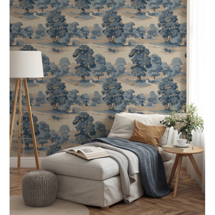Papel pintado de paisaje campestre con árboles en tonos azules y beige tostado - Haldon Forest 683437
