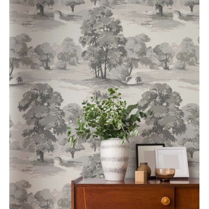 Papel pintado de paisaje campestre con árboles en tonos grises taupe - Haldon Forest 683438