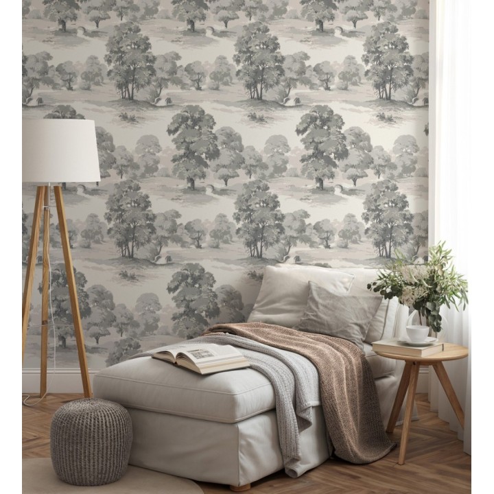 Papel pintado de paisaje campestre con árboles en tonos grises taupe - Haldon Forest 683438