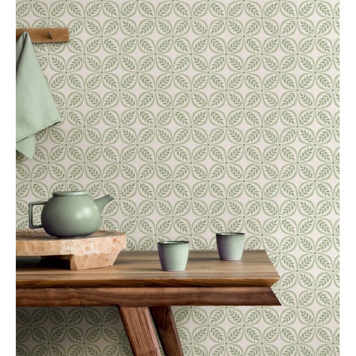 Papel pintado con motivo botánico con formas geométricas color verde - William Mosaic 683439
