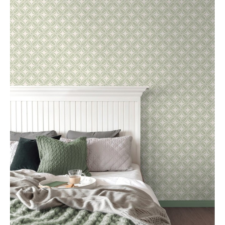 Papel pintado con motivo botánico con formas geométricas color verde - William Mosaic 683439