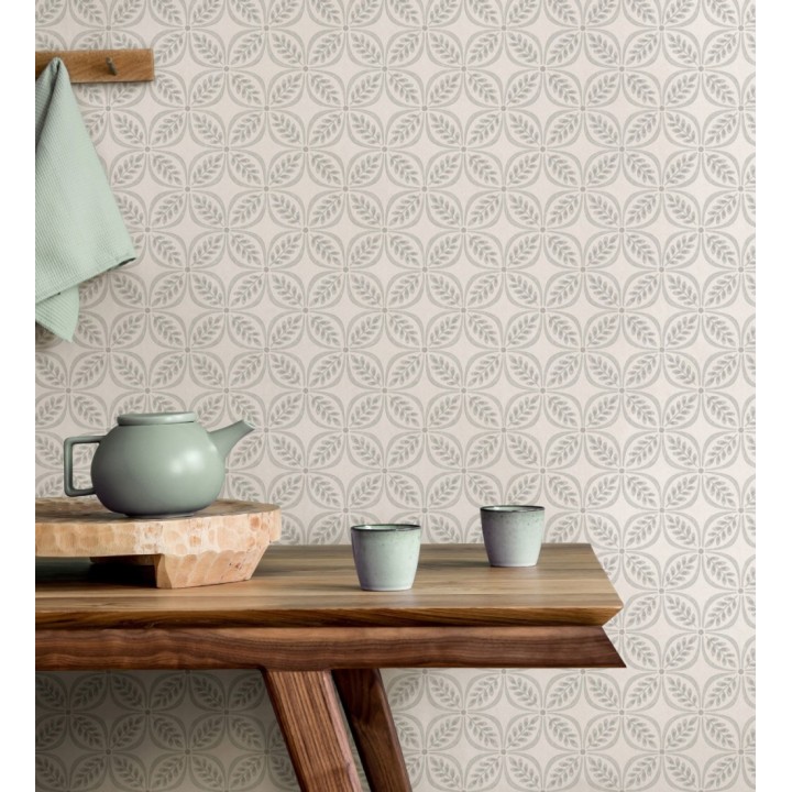 Papel pintado con motivo botánico con formas geométricas color gris - William Mosaic 683440