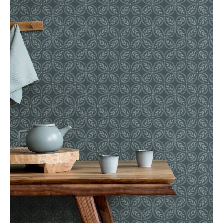 Papel pintado con motivo botánico con formas geométricas color azul oscuro - William Mosaic 683441