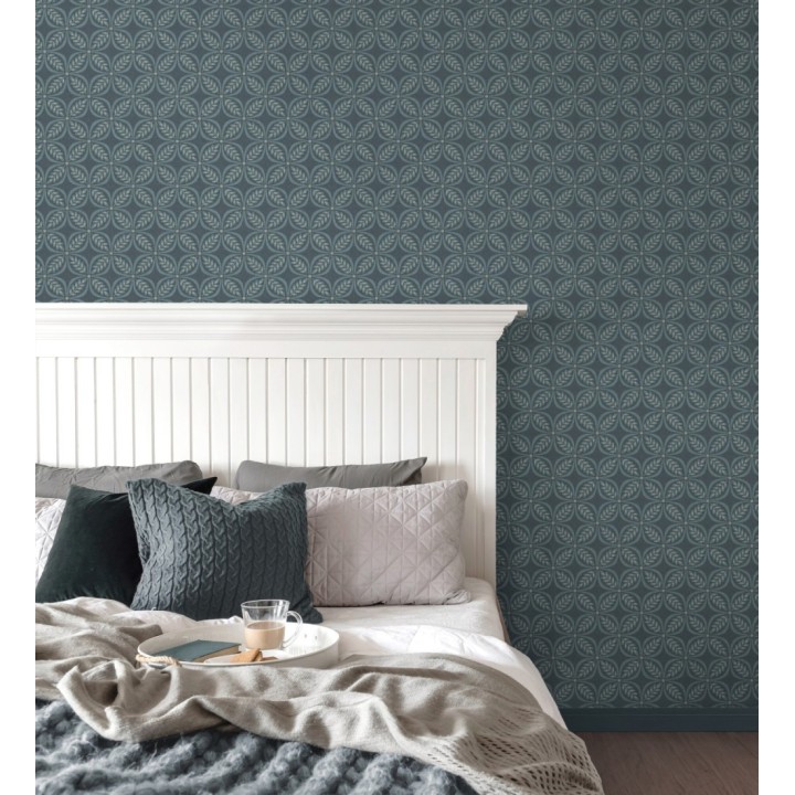 Papel pintado con motivo botánico con formas geométricas color azul oscuro - William Mosaic 683441